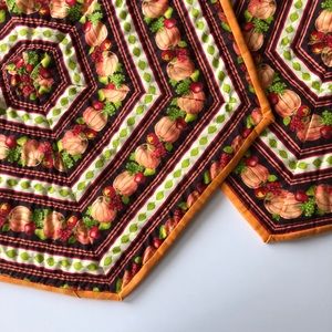 Thanksgiving Table Runner and Pumpkin Place Mat Hand Quilted Set of 2